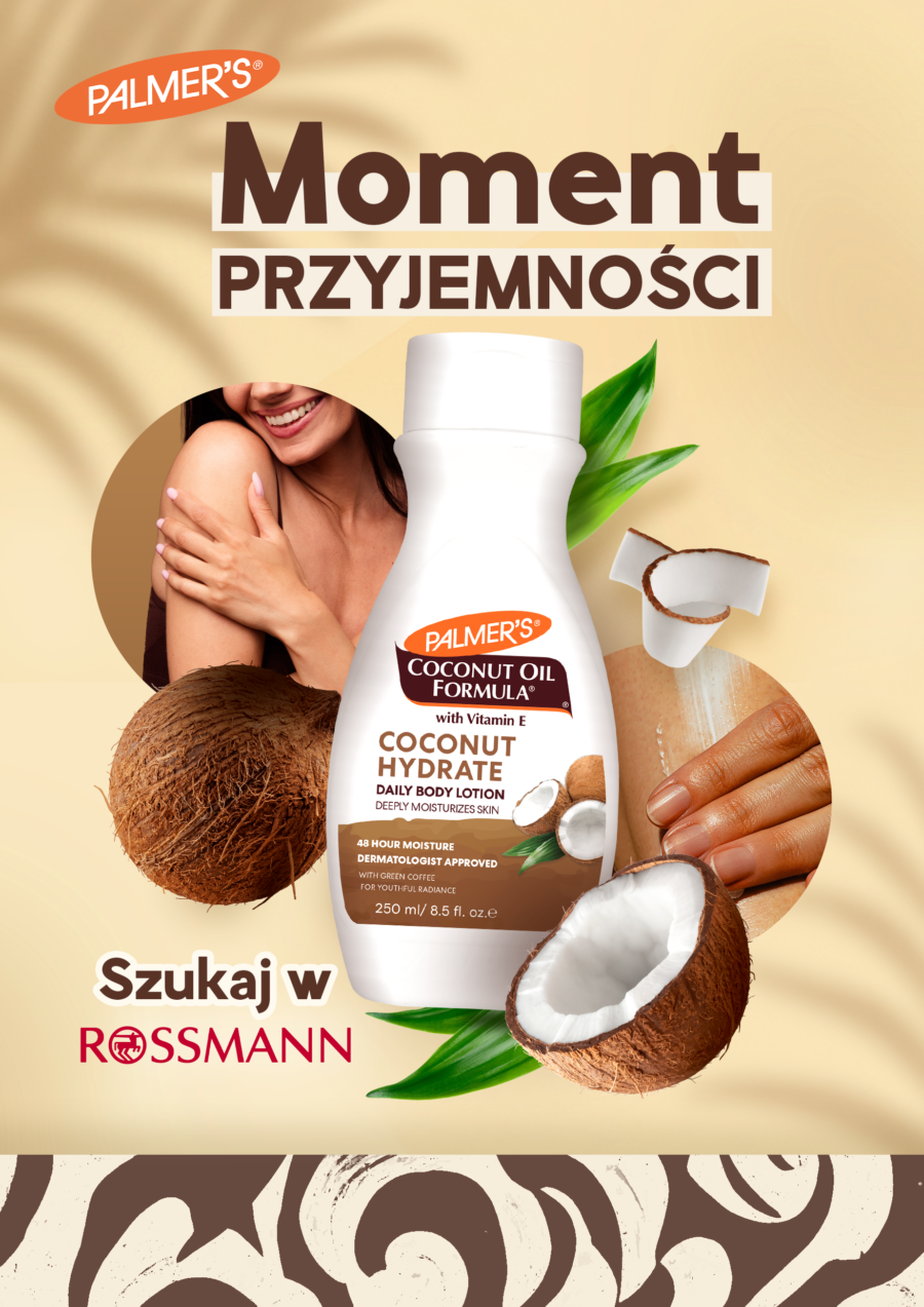 Palmer’s Coconut Hydrate – kreacja produktowa z informacją o dostępności w Rossmannie